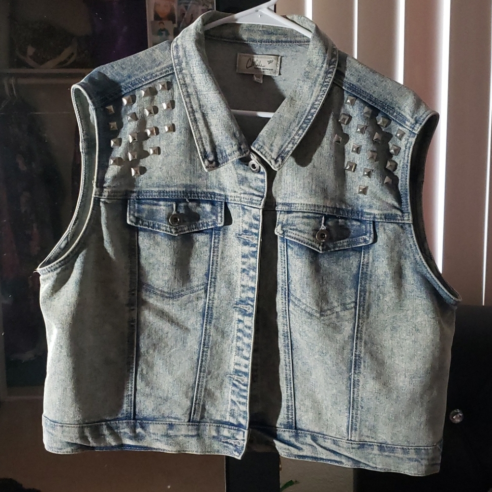 Studded Acid Wash Denim Vest